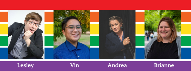 background of horizontal bard representing the rainbow, four pictures of the board.  From L to R: Lesley, Vin, Andrea, and Brianne