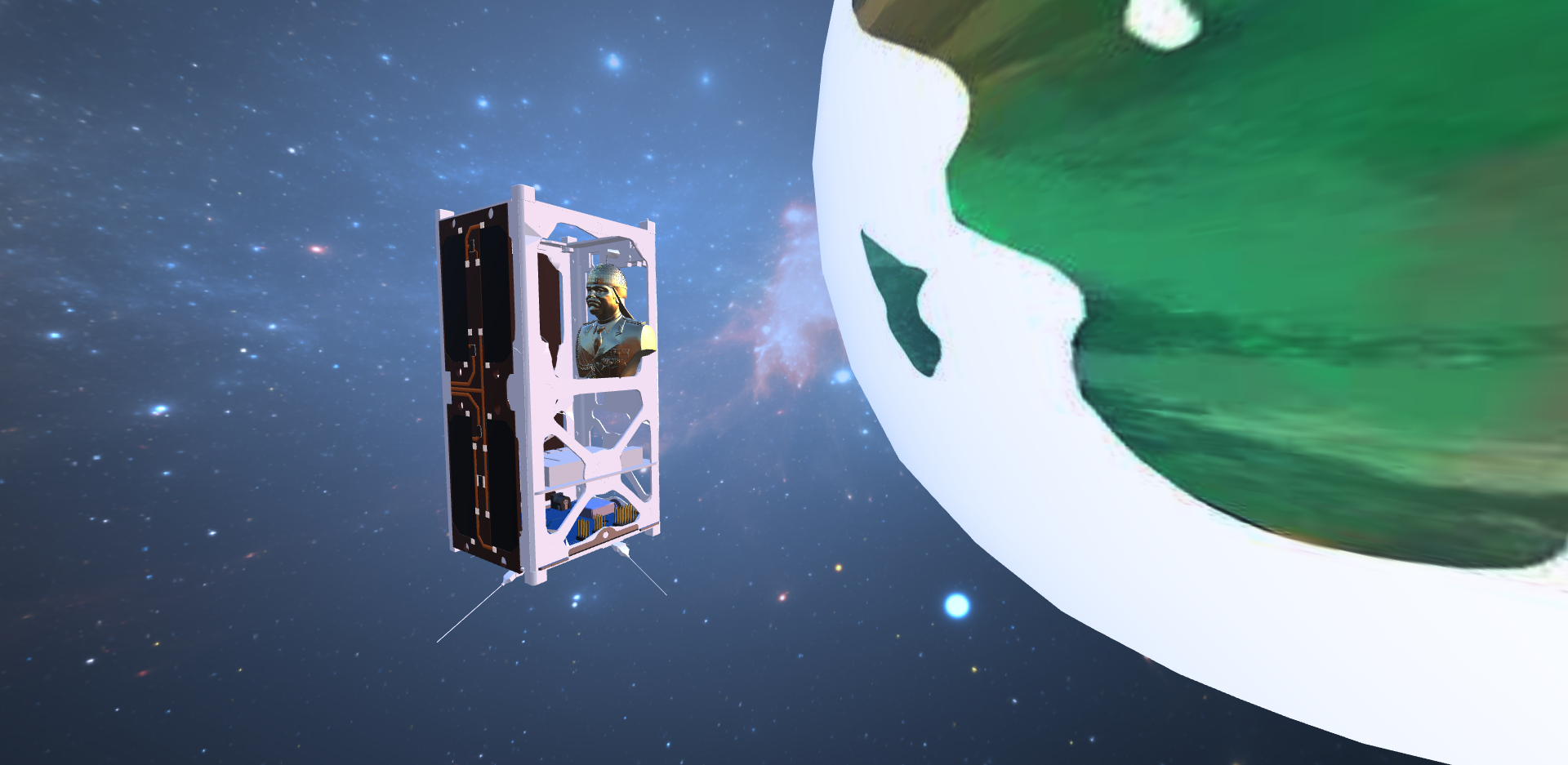 Installation view of 'Canto III' in New Art City. Canto III (cubesat) floating in space above Earth. The cubesat has a gold bust of Saddam Hussein inside of it.